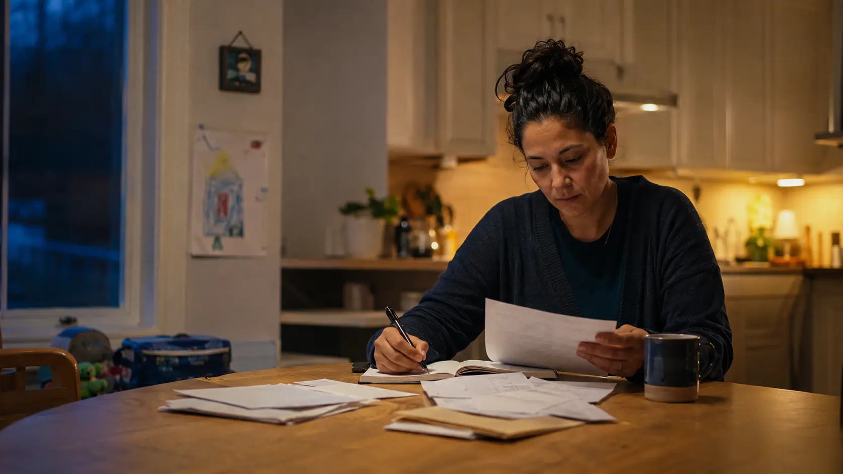 A parent reviewing household finances at night