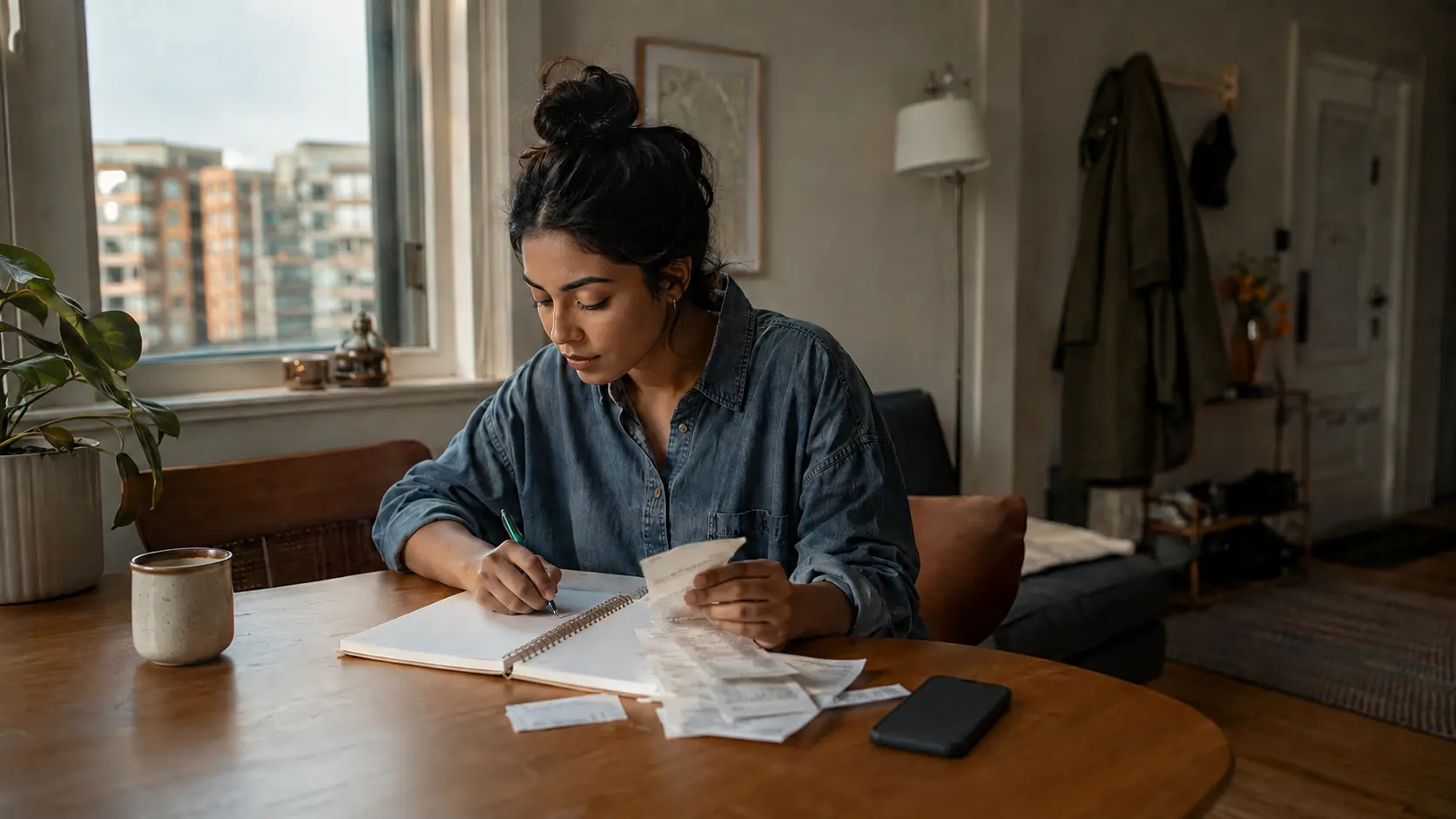 A renter checking monthly spending at home
