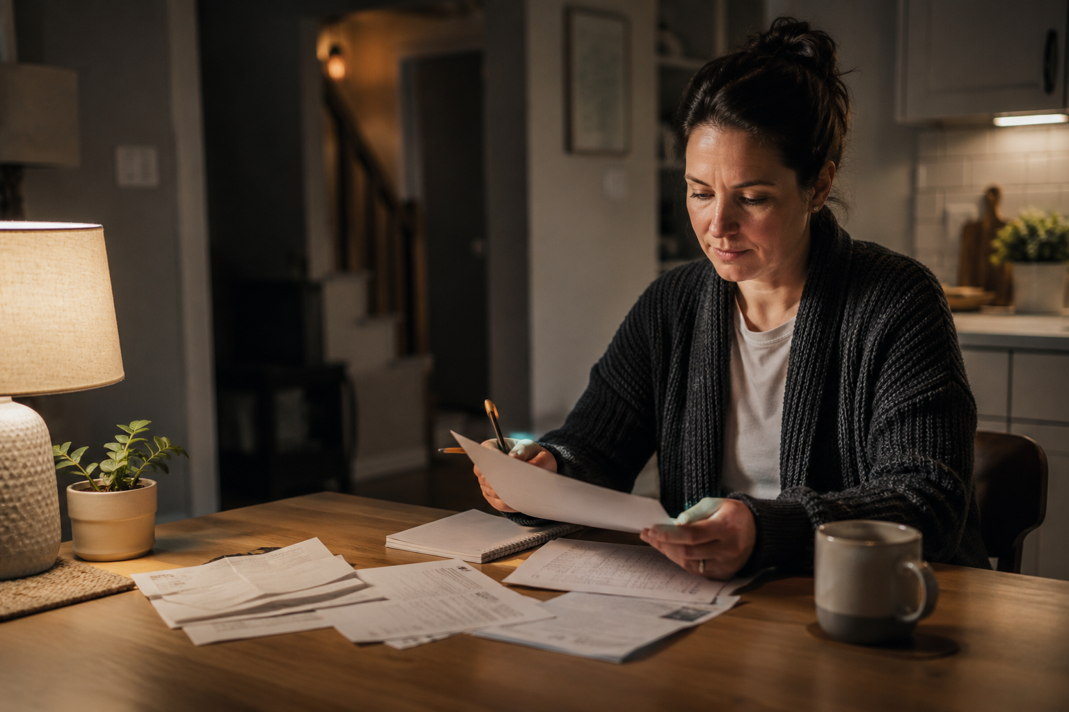 A parent quietly reviews household papers at a kitchen table in the evening.