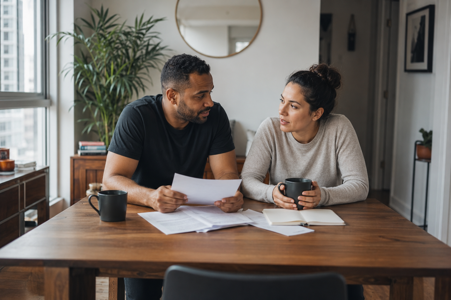 A couple calmly talks through household finances together at their dining table.