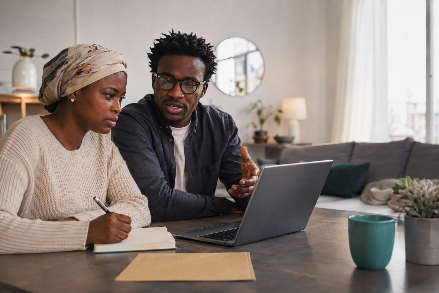 A newcomer couple takes notes while learning about Canadian credit at home.
