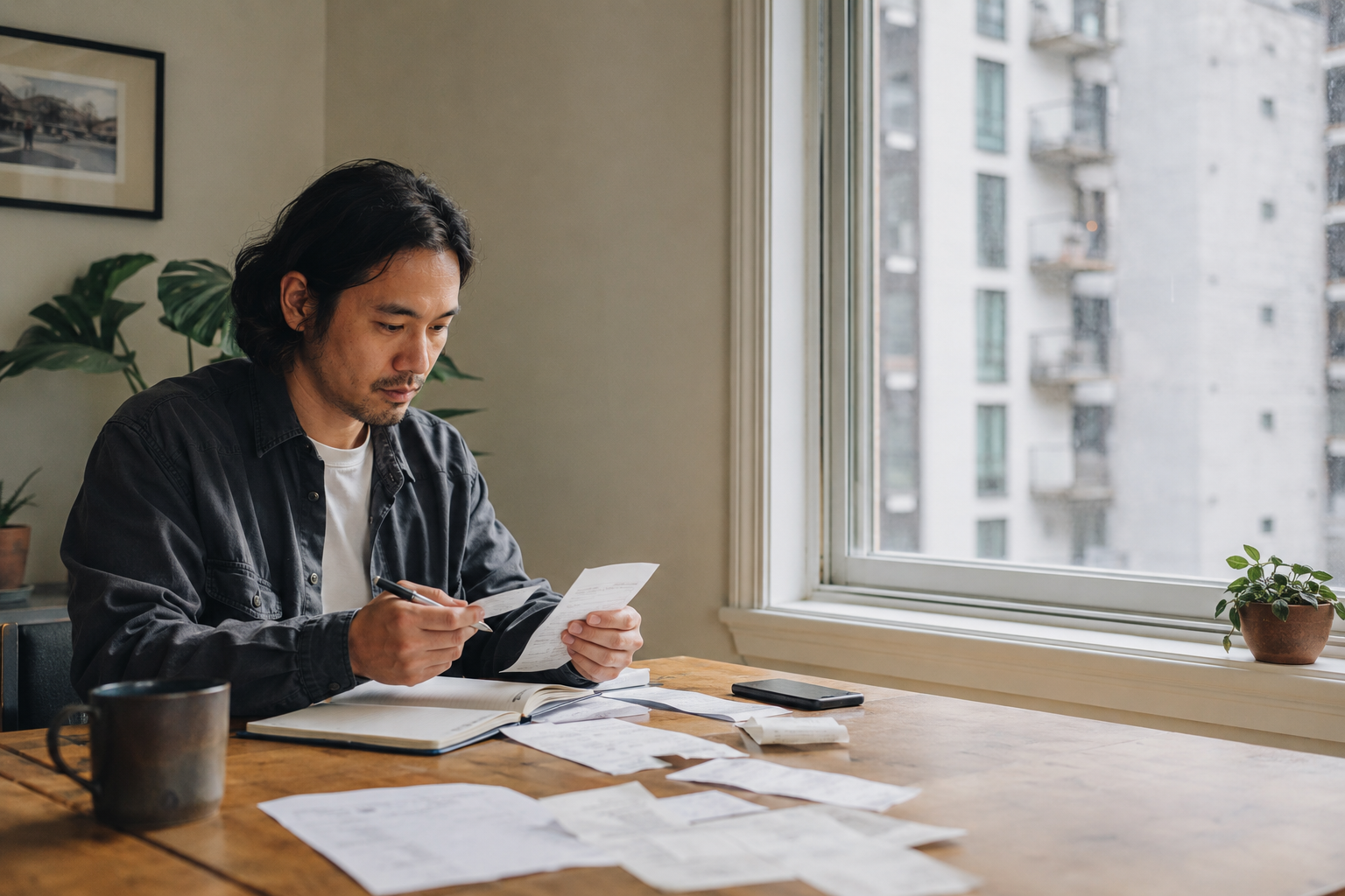 A renter reviews monthly receipts and notes at an apartment table.