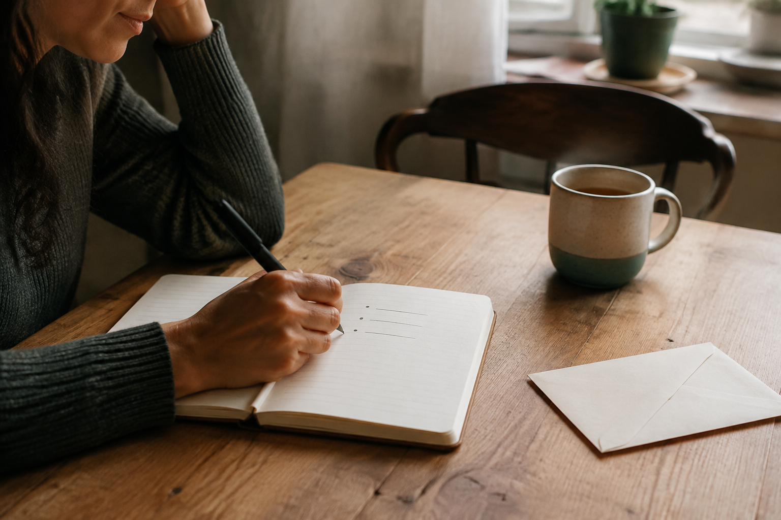 A person writes three simple priorities in a notebook at the kitchen table.
